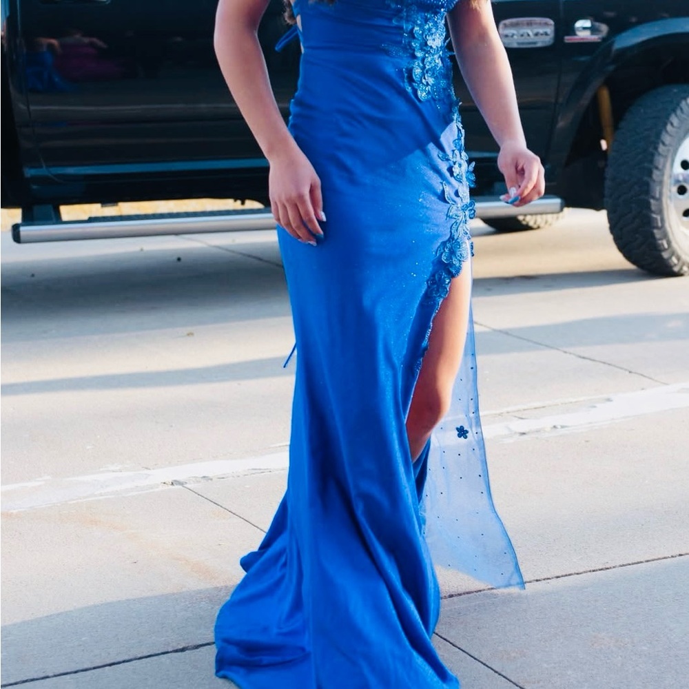 Blue Embellished Evening Gown with Side Slit